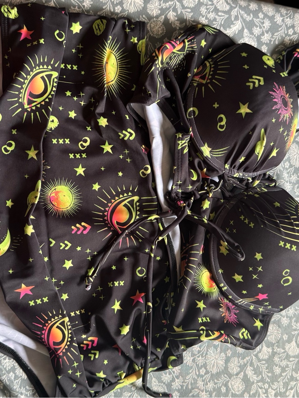 Black Cosmic Print Bikini Top